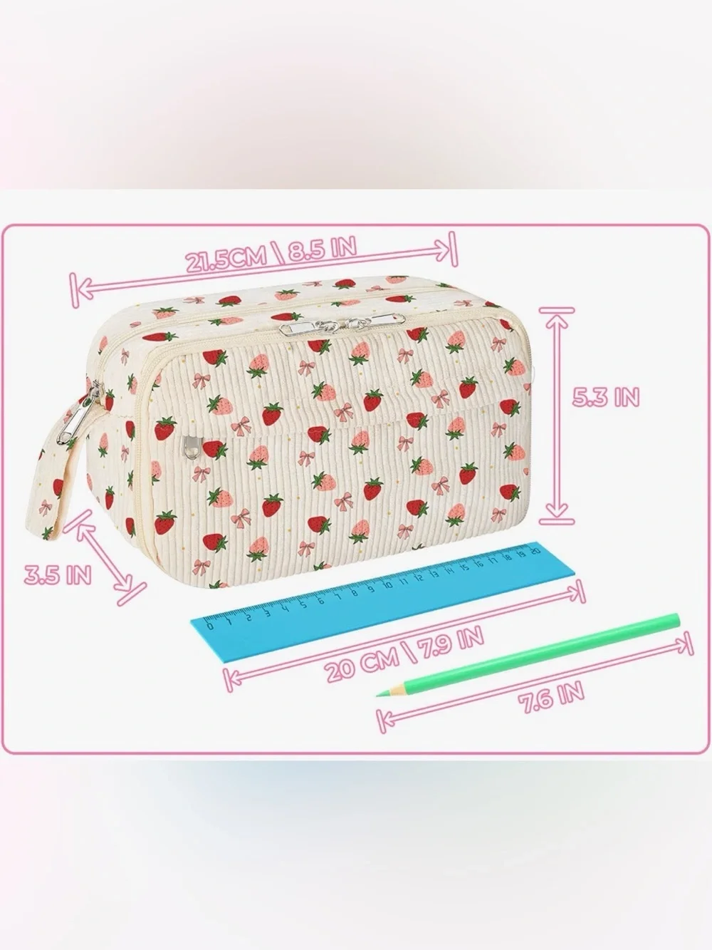 Cream Strawberry Print Pencil Pouch